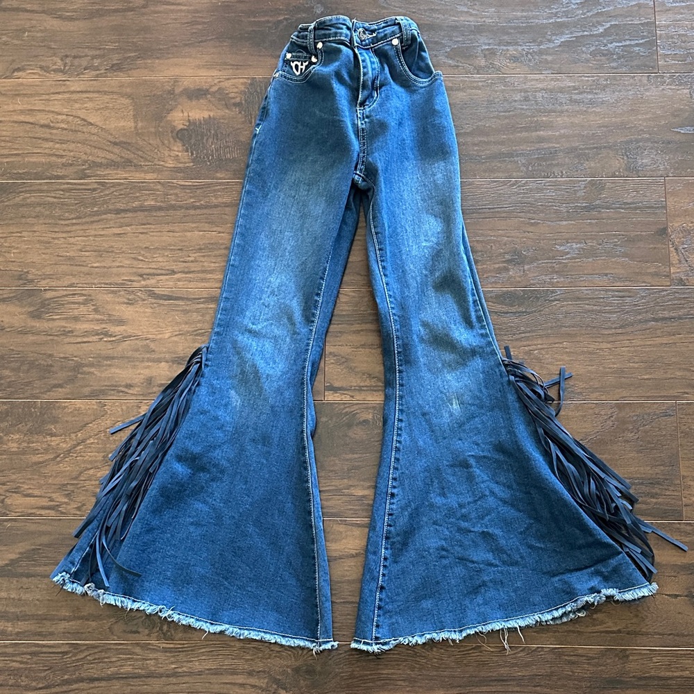 Cowgirl Hardware Blue Flared Fringe Jeans Girls size 8 adjustable waistband.